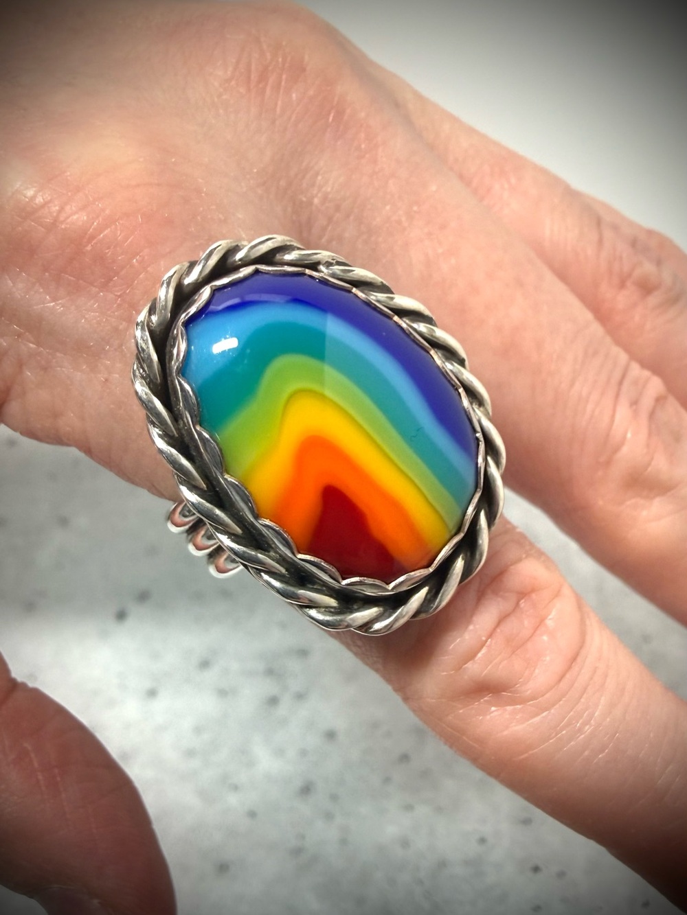 Relics of the Sol Fused Glass Rainbow Sterling Silver Ring • Size 8.25 🌈
